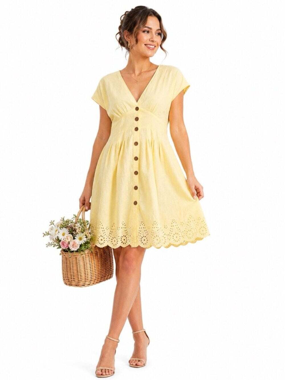 Angie Yellow Eyelet Cotton Dress Large Button Front Cottagecore Sundress Boho